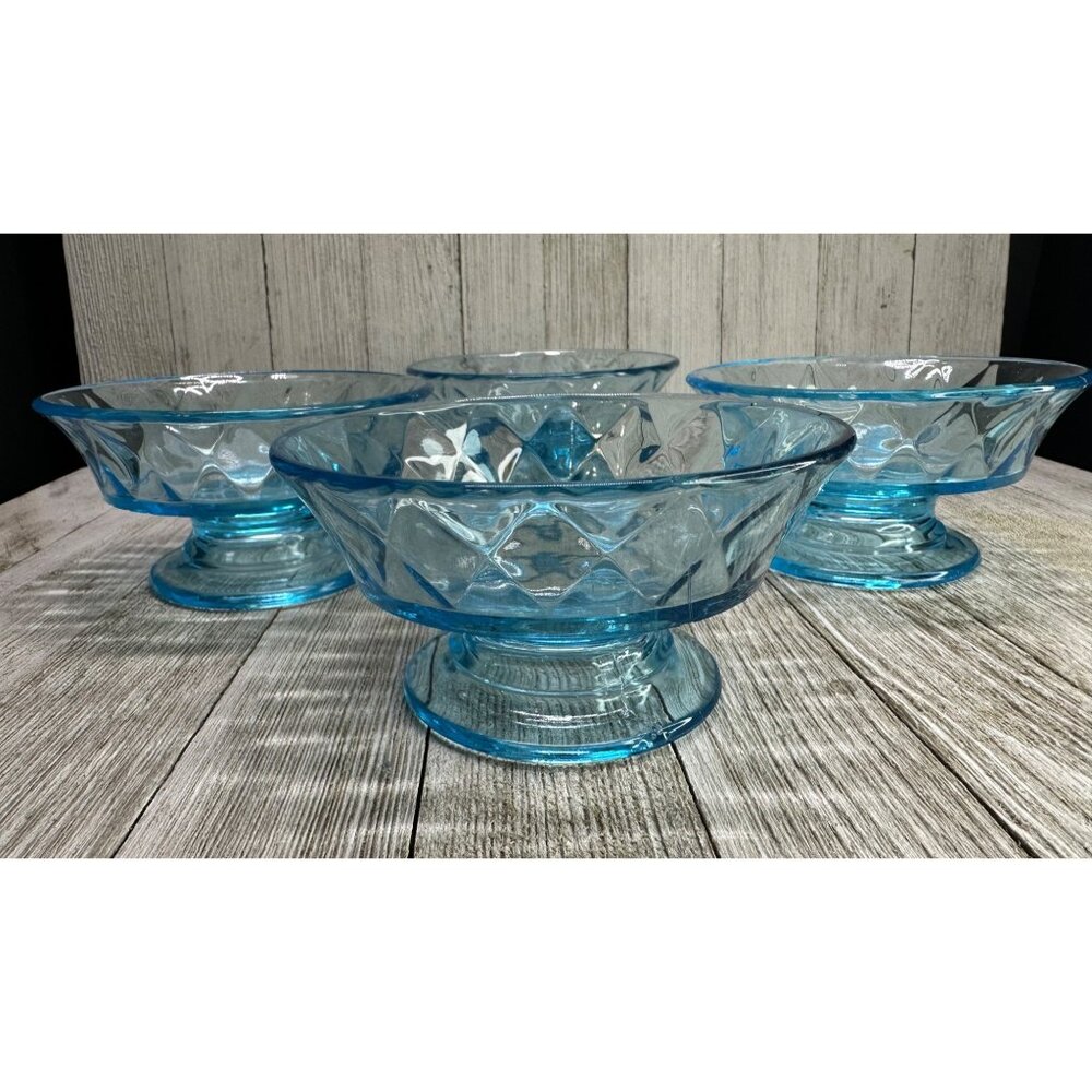 Vtg Pedestal Dessert Bowls 4.5" DIA Bryce Style Diamond Pattern Aqua Blue Set 4